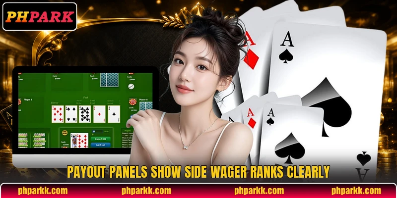 Payout panels show side wager ranks clearly Payout panels show side wager ranks clearly